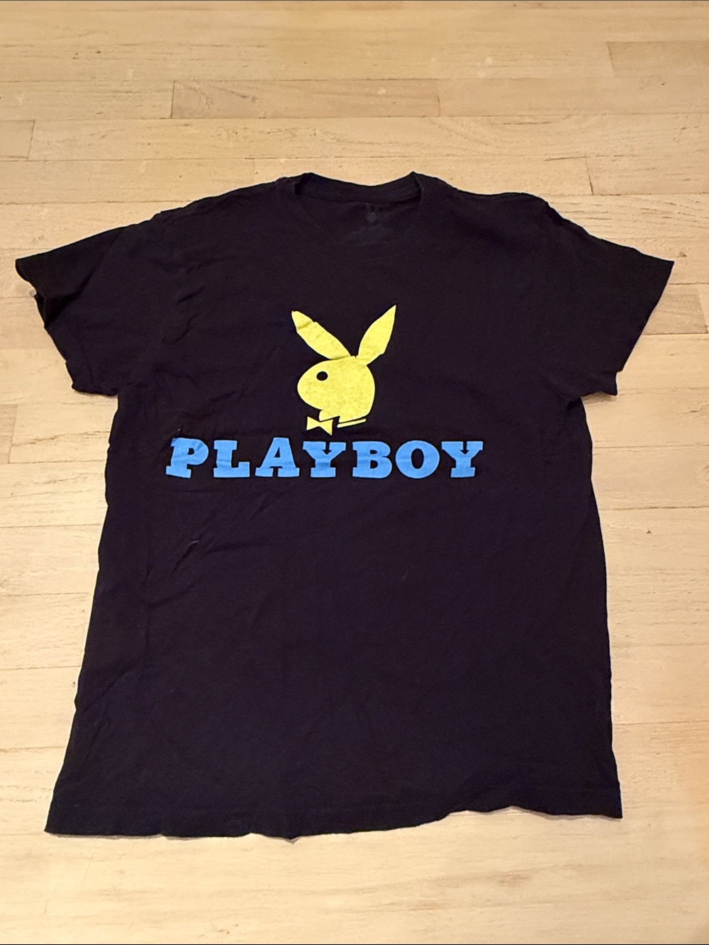 PLAYBOY Black Tee with Yellow Bunny and Blue PLAYBOY Text